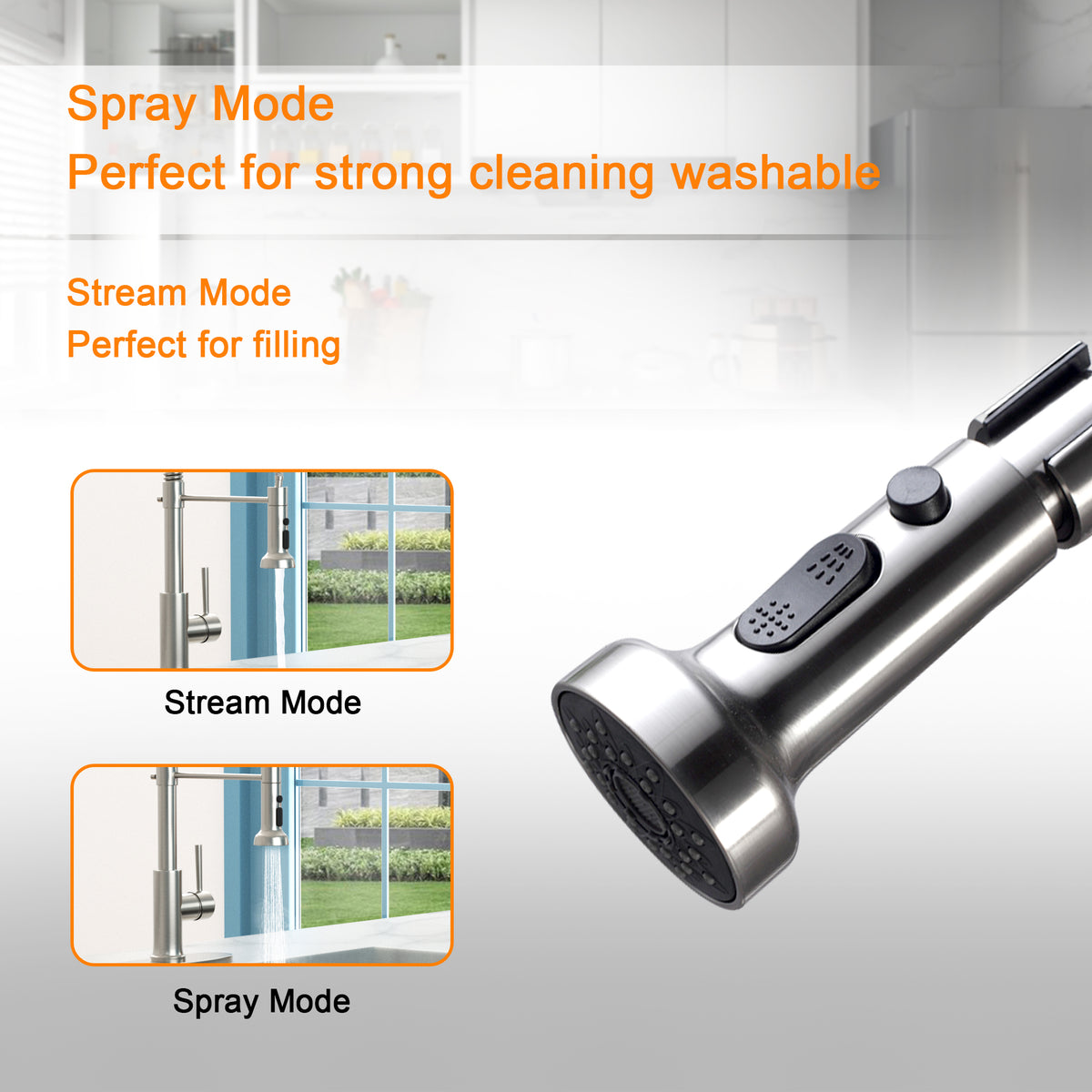 21 Inch Commercial Kitchen Faucet With Dual Function Pull Down Sprayhead In Brushed Nickel Finish, Stainless Steel Brushed Nickel Stainless Steel