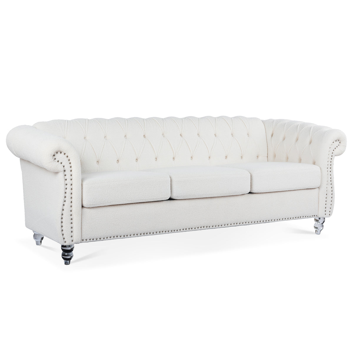 84.65" Rolled Arm Chesterfield 3 Seater Sofa White Polyester 3 Seat