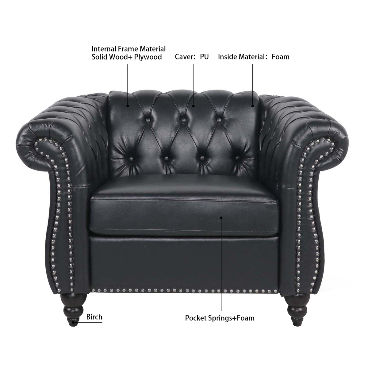 1 Seater Sofa For Living Room Black Pu
