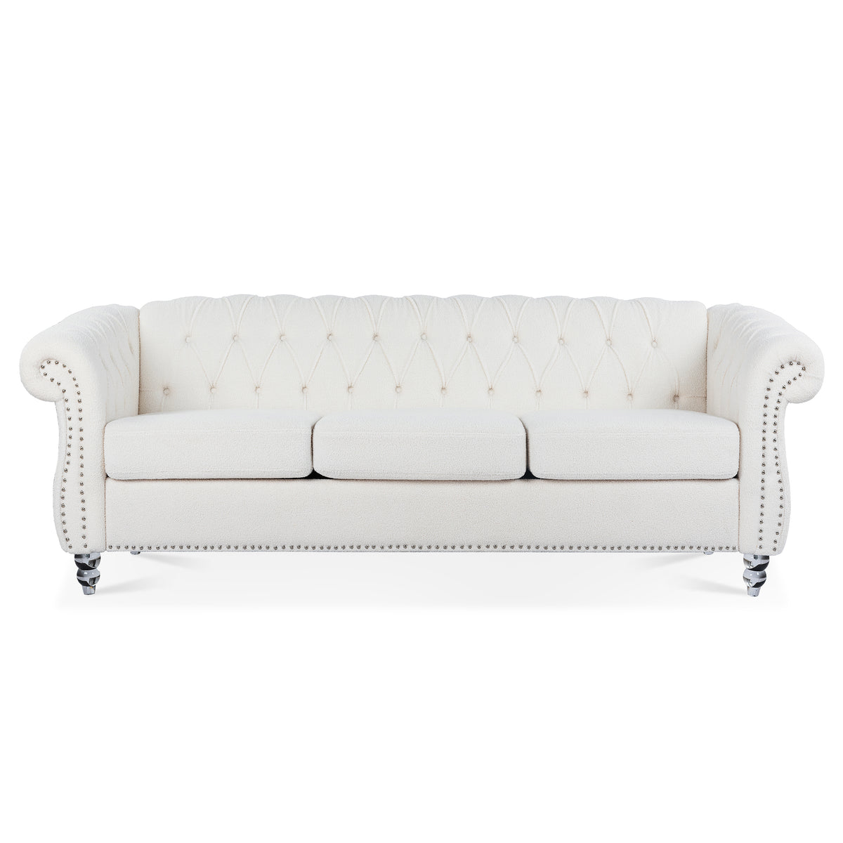 84.65" Rolled Arm Chesterfield 3 Seater Sofa White Polyester 3 Seat