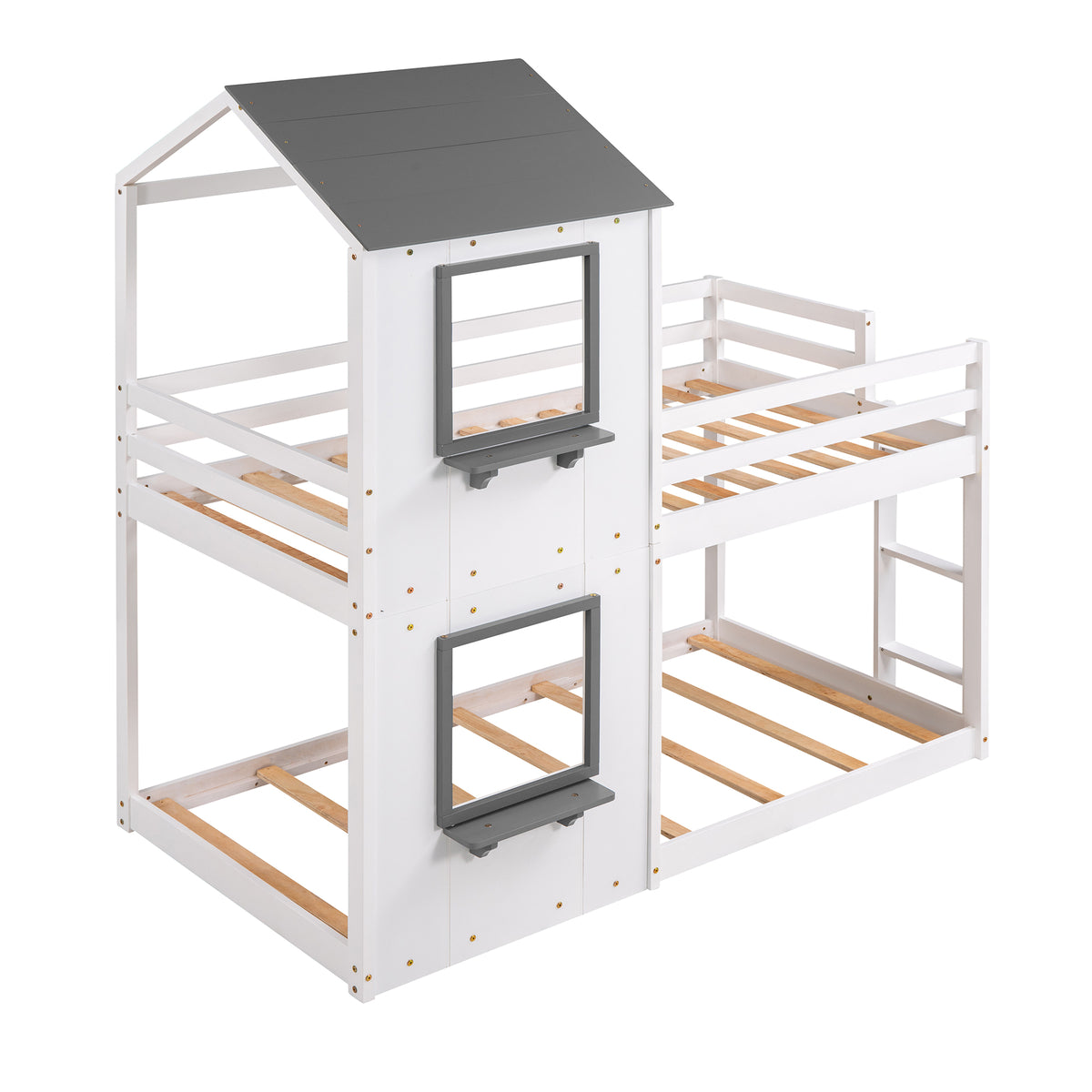 Twin Over Twin Bunk Bed Wood Bed With Roof, Window, Guardrail, Ladder White Old Sku :Lp000056Aak White Solid Wood