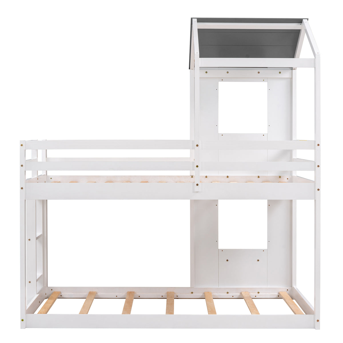 Twin Over Twin Bunk Bed Wood Bed With Roof, Window, Guardrail, Ladder White Old Sku :Lp000056Aak White Solid Wood