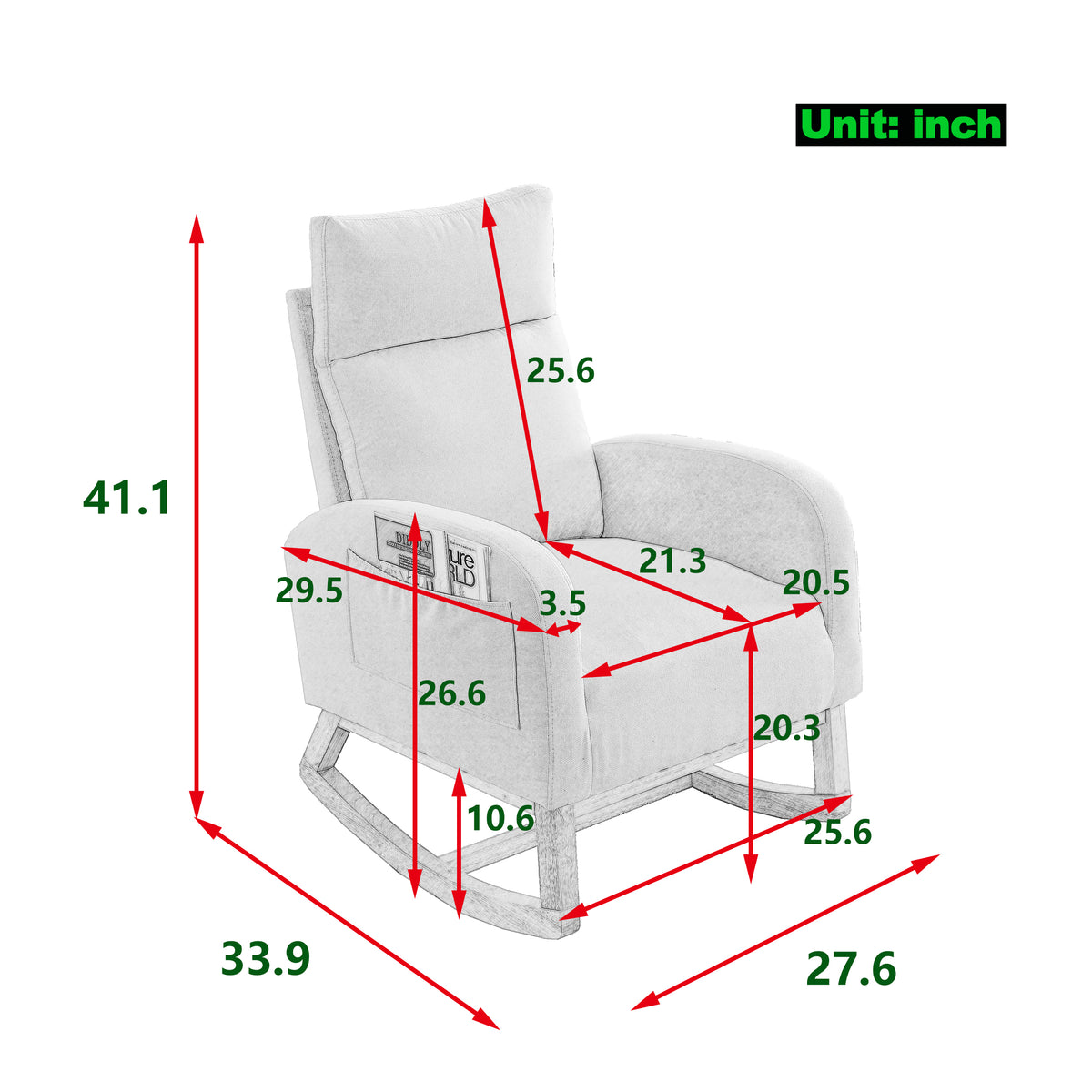 Video Welike 27.6"W Modern Accent High Backrest Living Room Lounge Arm Rocking Chair, Two Side Pocket W83453336 Grey Teddy Foam Fabric