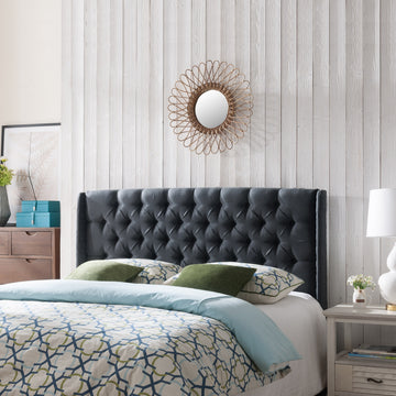 Upholstered Wingback Headboard, Button Tufted Upholstery, Sturdy Structure, King Size, Black Black Fabric