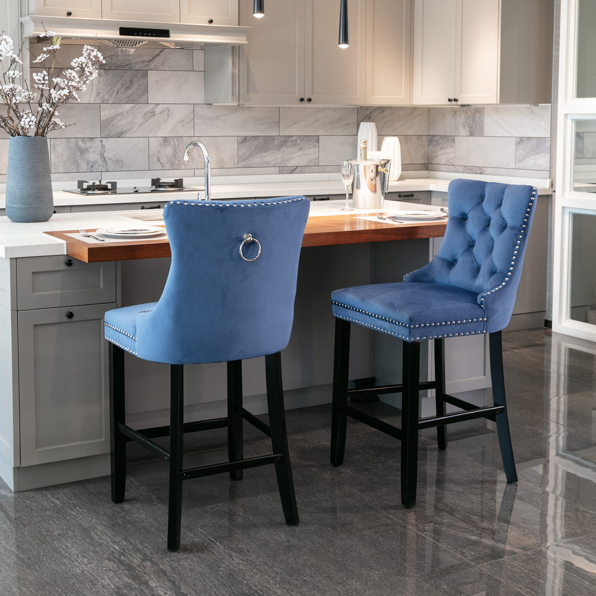Contemporary Velvet Upholstered Barstools With Button Tufted Decoration And Wooden Legs, And Chrome Trim, Leisure Style Bar Chairs,Bar Stools, Set Of 2 Blue ,Sw2002Bl Blue Seats 2 American Design Rubberwood Foam Velvet
