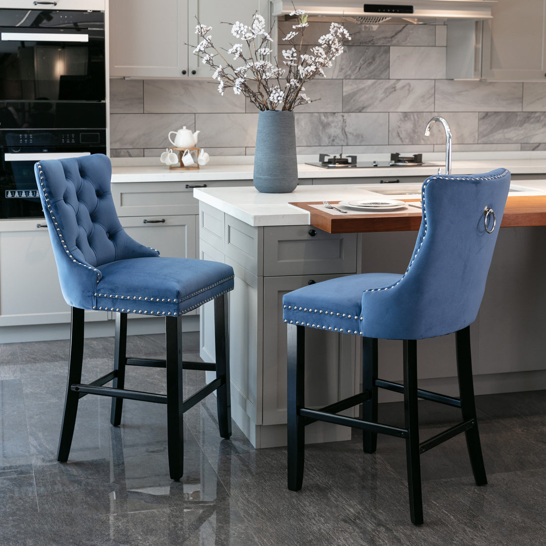 Contemporary Velvet Upholstered Barstools With Button Tufted Decoration And Wooden Legs, And Chrome Trim, Leisure Style Bar Chairs,Bar Stools, Set Of 2 Blue ,Sw2002Bl Blue Seats 2 American Design Rubberwood Foam Velvet