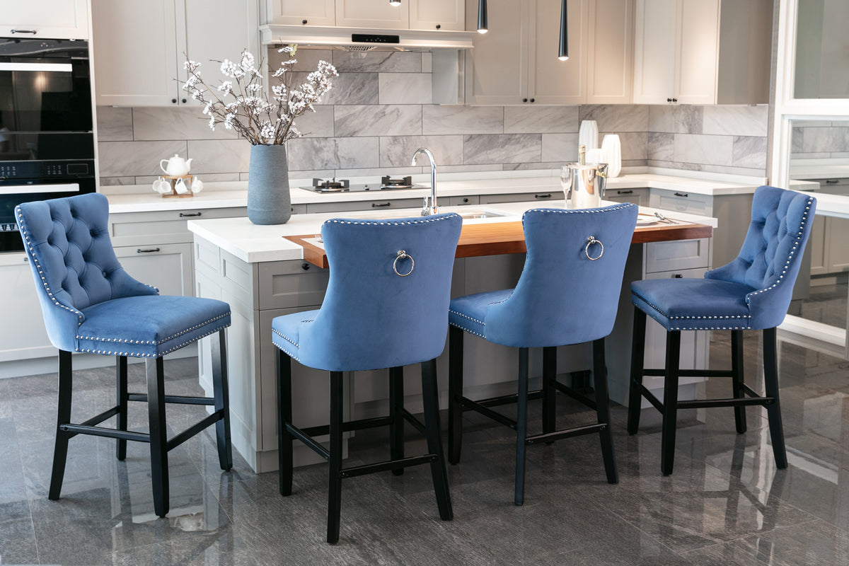 Contemporary Velvet Upholstered Barstools With Button Tufted Decoration And Wooden Legs, And Chrome Trim, Leisure Style Bar Chairs,Bar Stools, Set Of 2 Blue ,Sw2002Bl Blue Seats 2 American Design Rubberwood Foam Velvet