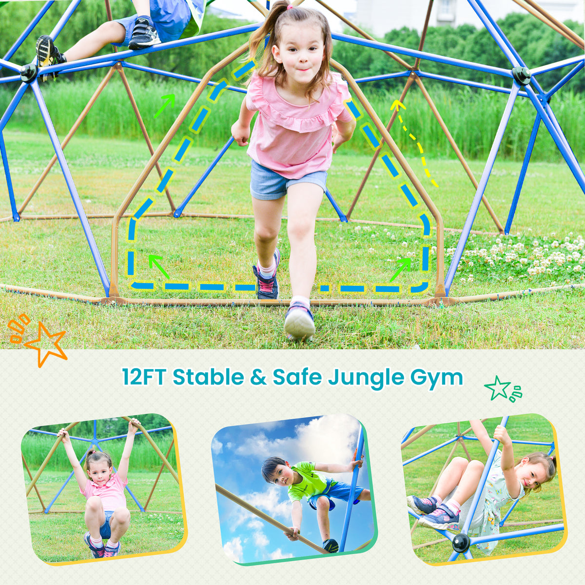Kids Climbing Dome Tower 12 Ft Jungle Gym Geometric Playground Dome Climber Monkey Bars Play Center, Rust & Uv Resistant Steel Supporting 1000 Lbs Coffee Metal