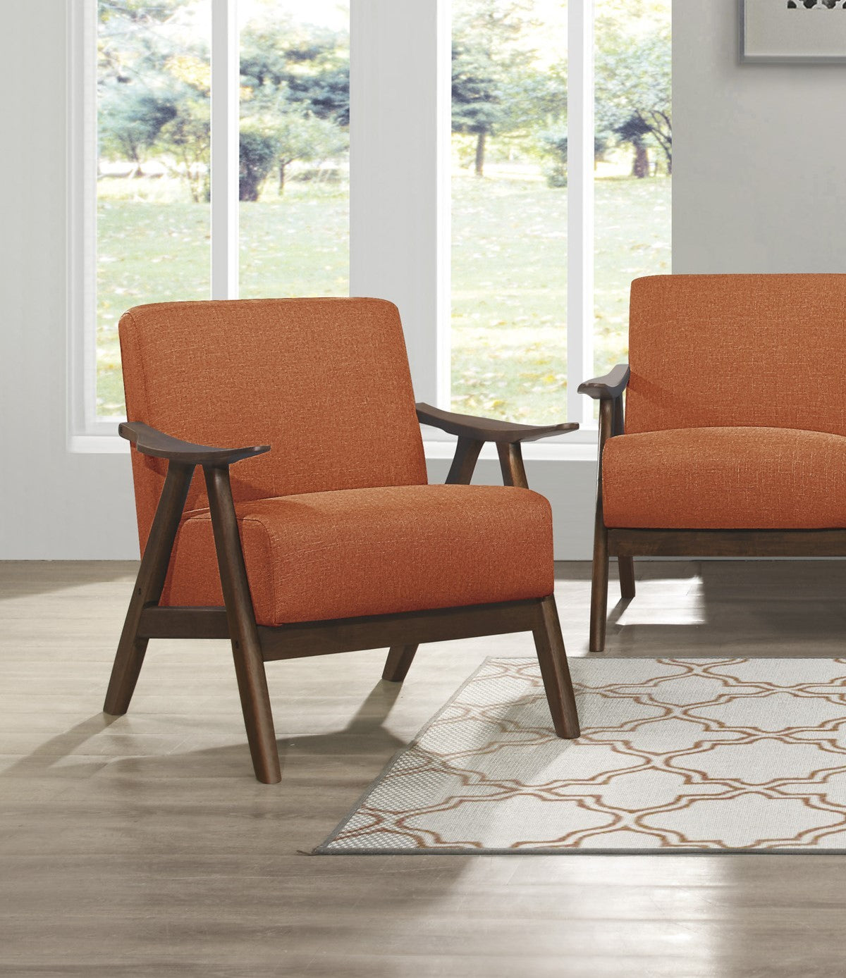Modern Home Furniture Orange Color Fabric Upholstered 1Pc Accent Chair Cushion Back And Seat Walnut Finish Solid Rubber Wood Furniture Orange Primary Living Space Retro Solid Wood