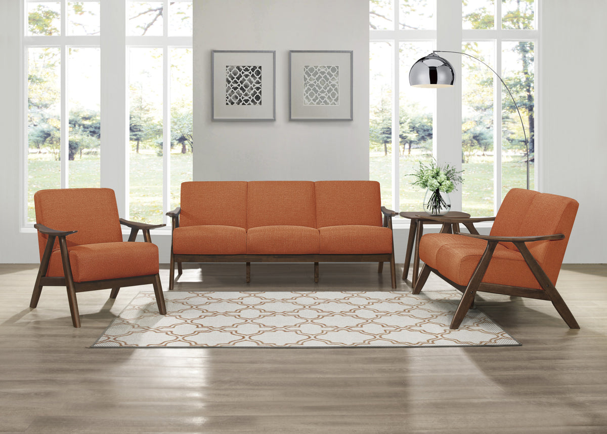 Modern Home Furniture Orange Color Fabric Upholstered 1Pc Accent Chair Cushion Back And Seat Walnut Finish Solid Rubber Wood Furniture Orange Primary Living Space Retro Solid Wood