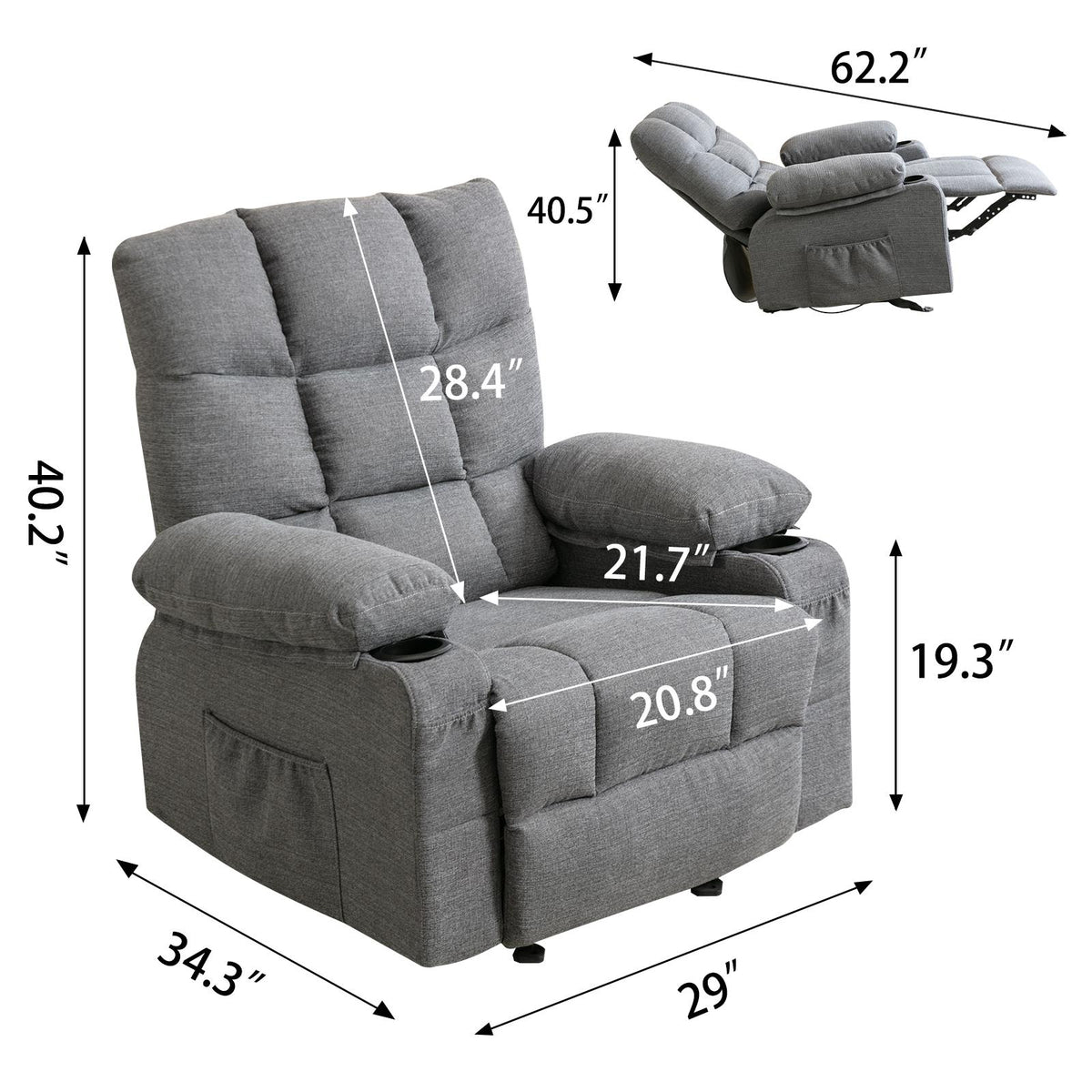 Recliner Chair Massage Heating Sofa With Usb And Side Pocket 2 Cup Holders Grey Grey Velvet Fabric