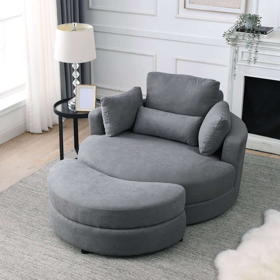 Video Welike Swivel Accent Barrel Modern Dark Grey Sofa Lounge Club Big Round Chair With Storage Ottoman Linen Fabric For Living Room Hotel With Pillows Dark Grey Foam Fabric