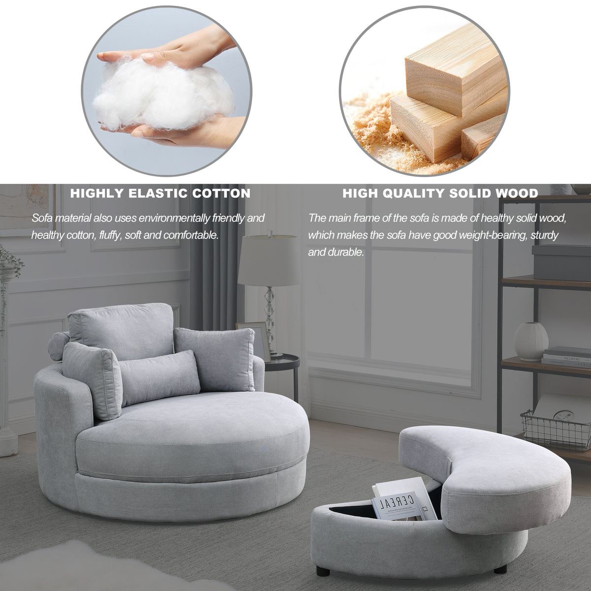 Video Welike Swivel Accent Barrel Modern Grey Sofa Lounge Club Big Round Chair With Storage Ottoman Linen Fabric For Living Room Hotel With Pillows .2Pcs Light Grey Foam Fabric