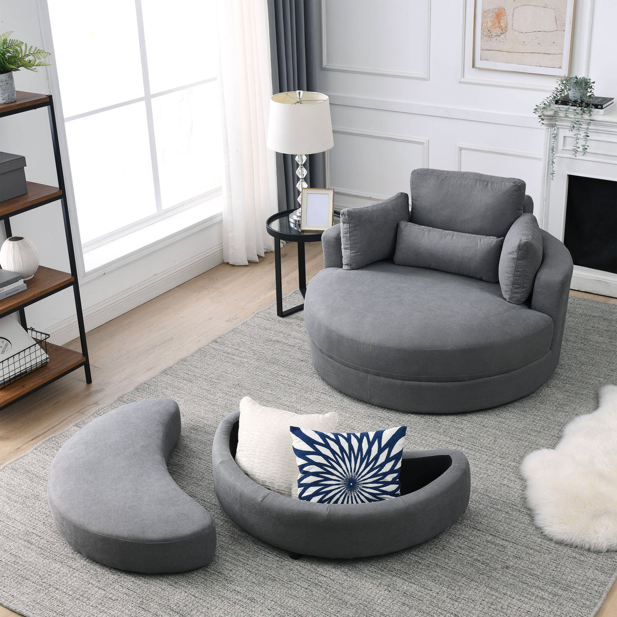 Video Welike Swivel Accent Barrel Modern Dark Grey Sofa Lounge Club Big Round Chair With Storage Ottoman Linen Fabric For Living Room Hotel With Pillows Dark Grey Foam Fabric