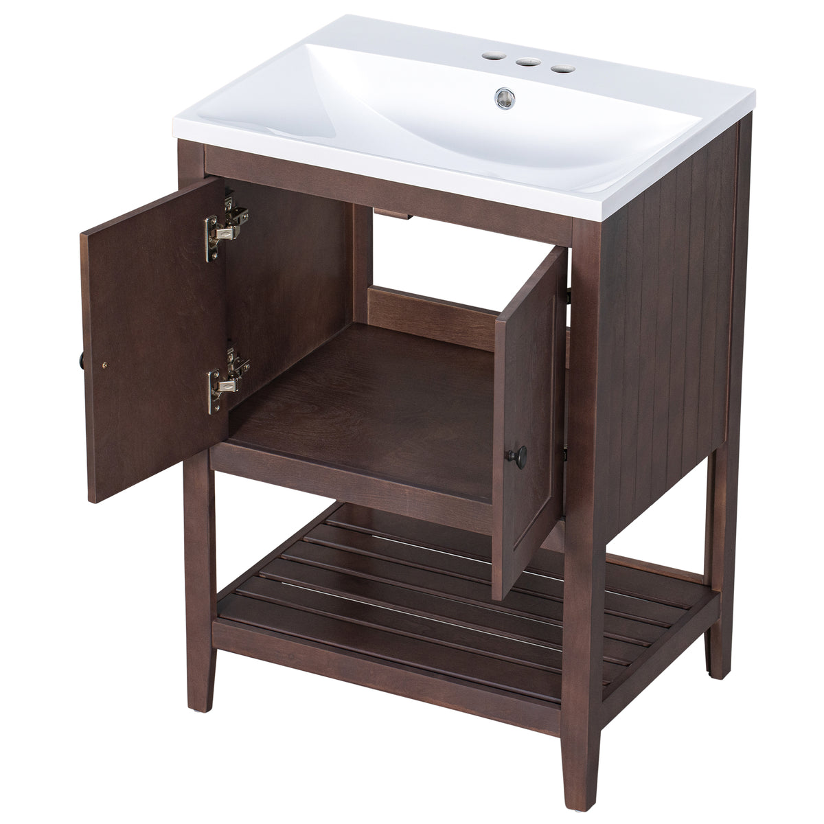 Video 24" Brown Modern Sleek Bathroom Vanity Elegant Ceramic Sink With Solid Wood Frame Open Style Shelf Old Sku: Jl000004Aad Brown Solid Wood Mdf