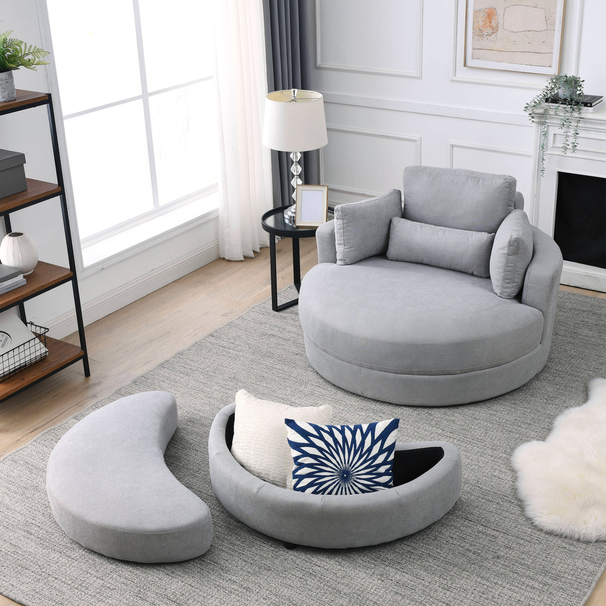 Video Welike Swivel Accent Barrel Modern Grey Sofa Lounge Club Big Round Chair With Storage Ottoman Linen Fabric For Living Room Hotel With Pillows .2Pcs Light Grey Foam Fabric