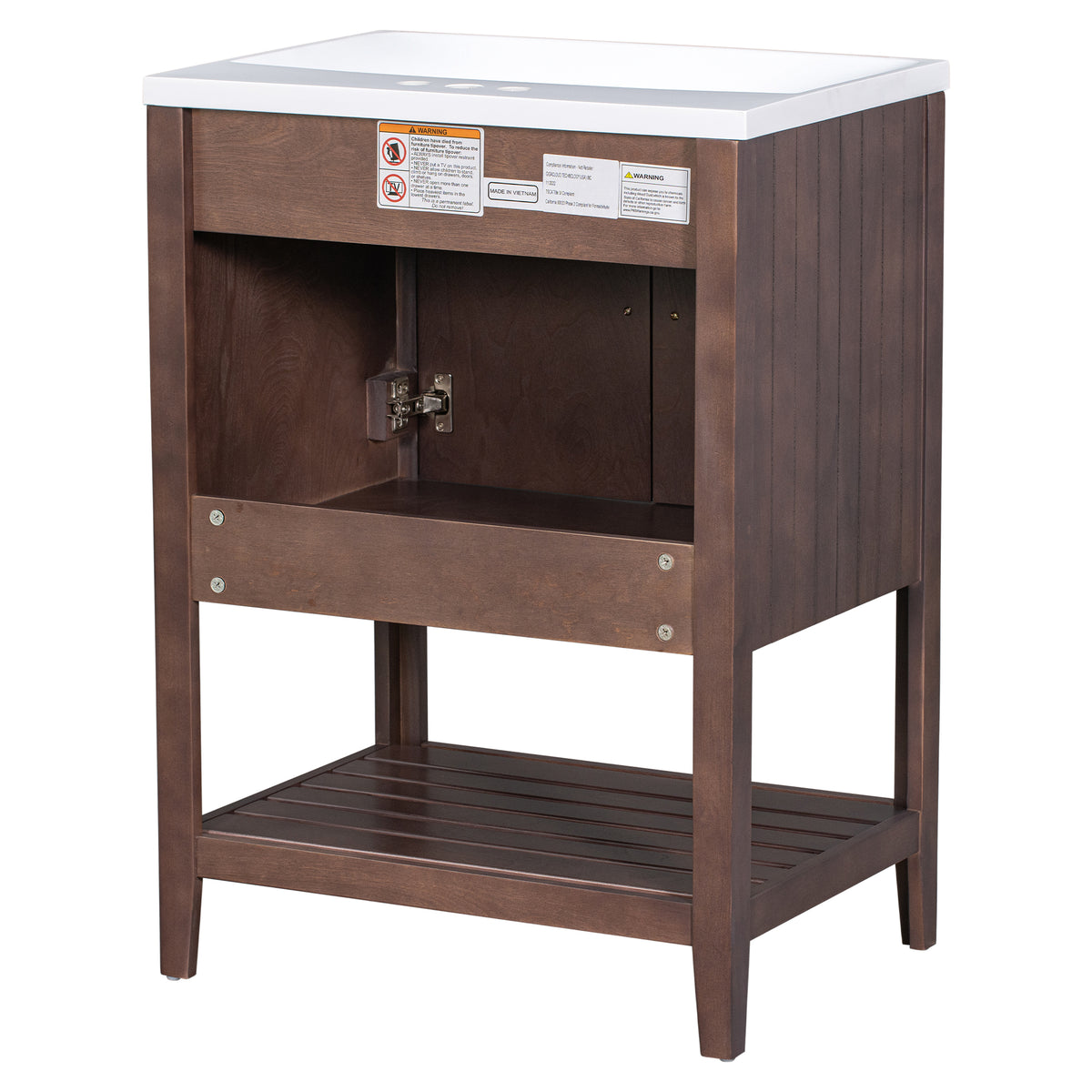 Video 24" Brown Modern Sleek Bathroom Vanity Elegant Ceramic Sink With Solid Wood Frame Open Style Shelf Old Sku: Jl000004Aad Brown Solid Wood Mdf
