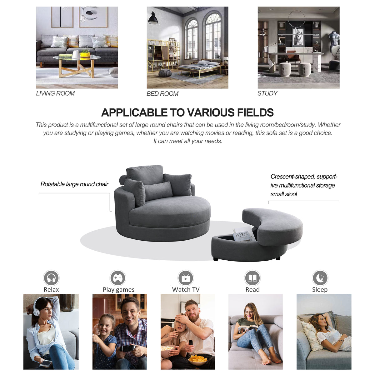 Video Welike Swivel Accent Barrel Modern Dark Grey Sofa Lounge Club Big Round Chair With Storage Ottoman Linen Fabric For Living Room Hotel With Pillows Dark Grey Foam Fabric