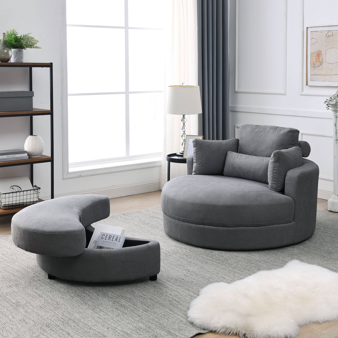Video Welike Swivel Accent Barrel Modern Dark Grey Sofa Lounge Club Big Round Chair With Storage Ottoman Linen Fabric For Living Room Hotel With Pillows Dark Grey Foam Fabric