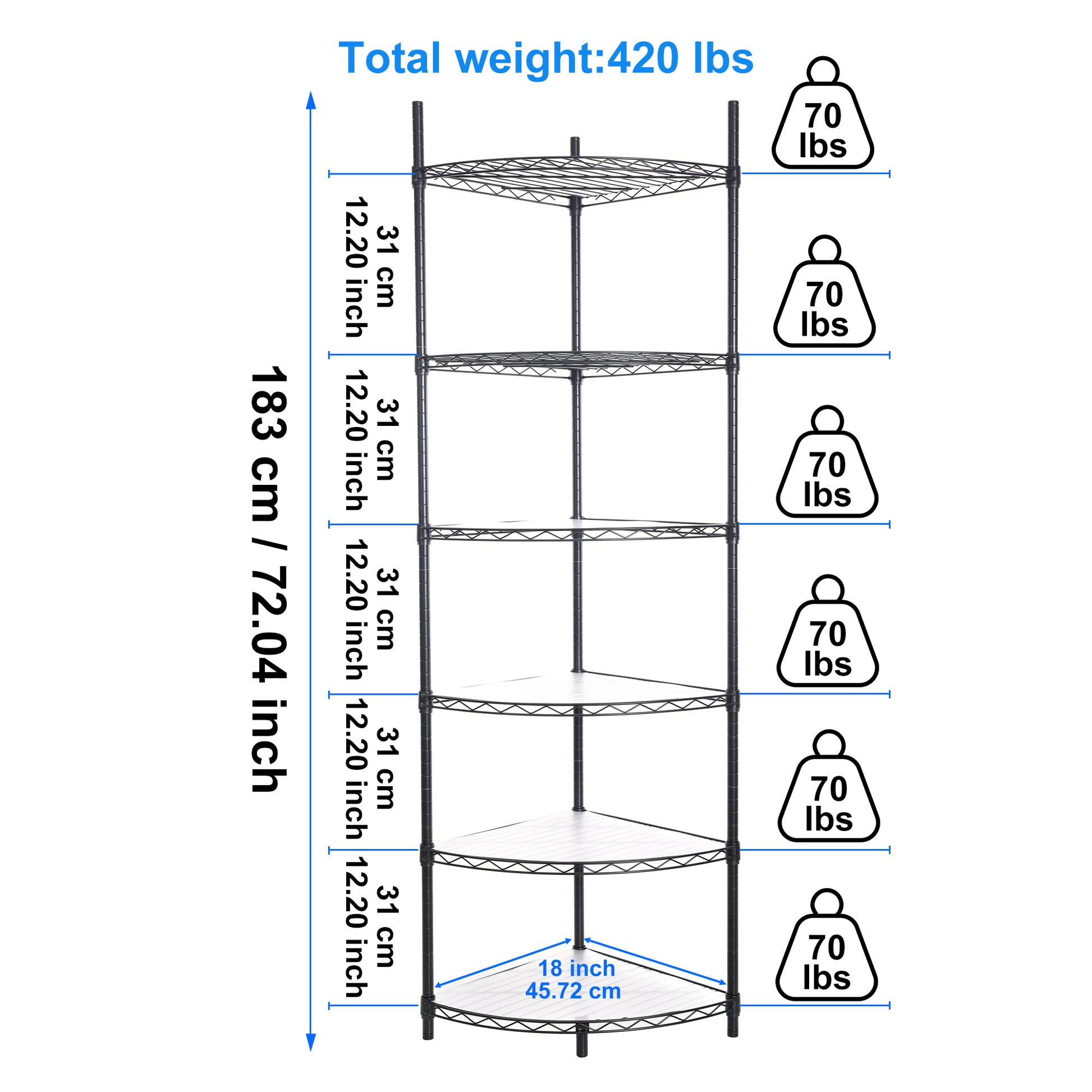 6 Tier Shelf Corner Wire Shelf Rack Adjustable Metal Heavy Duty Free Standing Corner Storage Display Chrome Rack For Bathroom, Living Room, Kitchen Black Black Iron Plastic