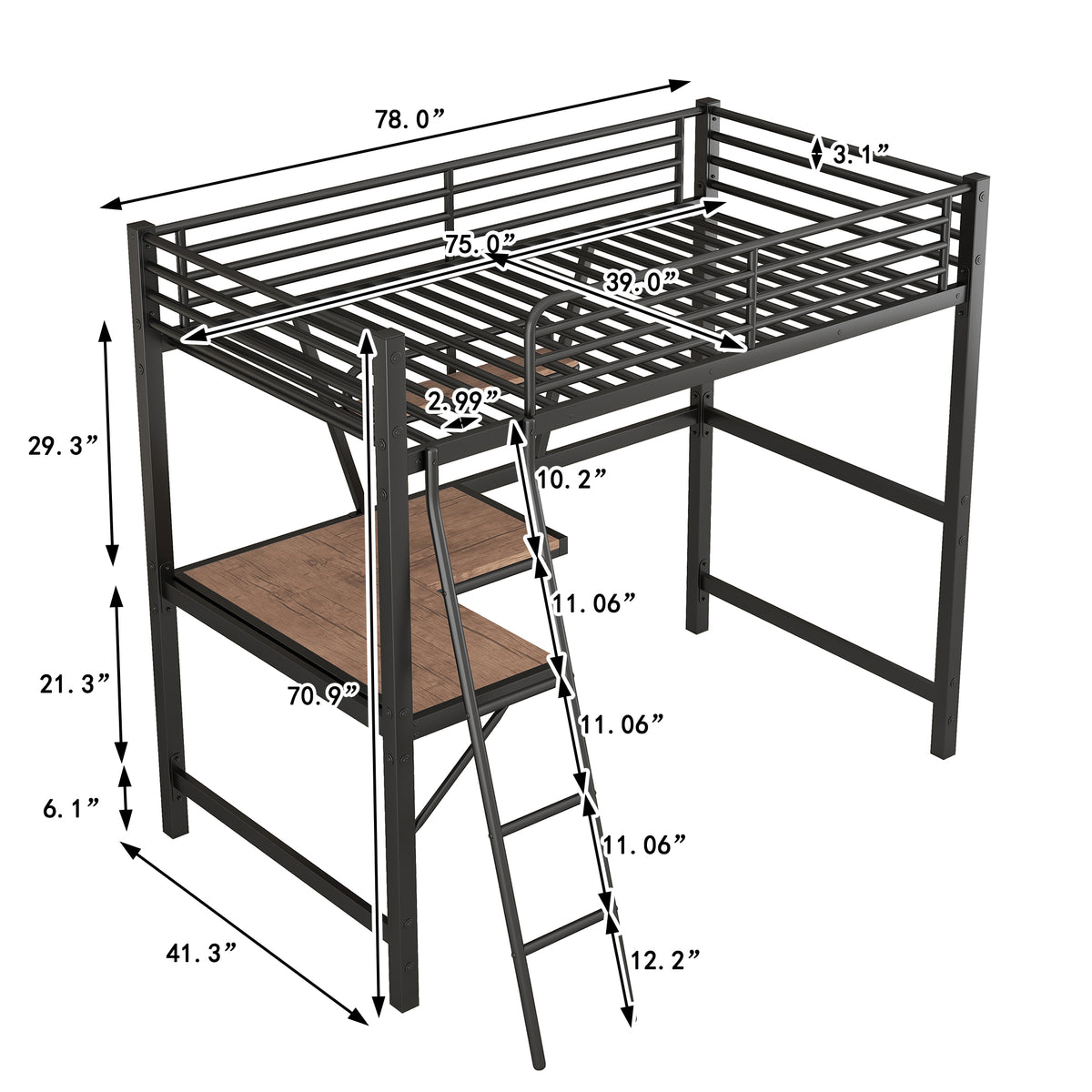 Twin Size Loft Metal&Mdf Bed With Desk And Shelf, Black Old Sku:Sm001105Aab 1 Twin Black Metal