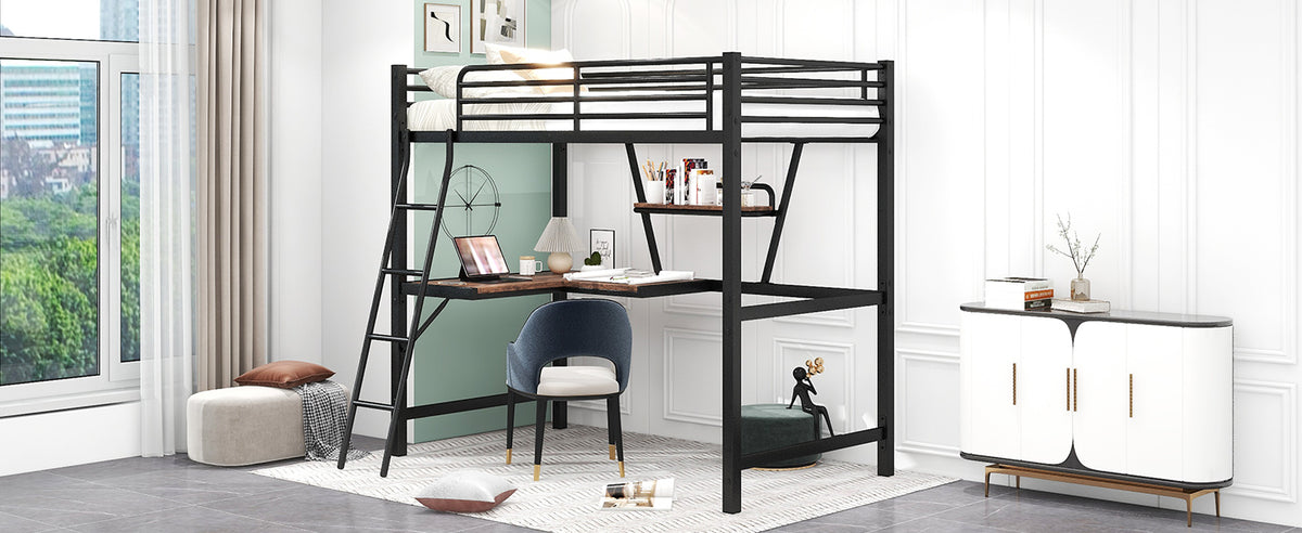 Twin Size Loft Metal&Mdf Bed With Desk And Shelf, Black Old Sku:Sm001105Aab 1 Twin Black Metal