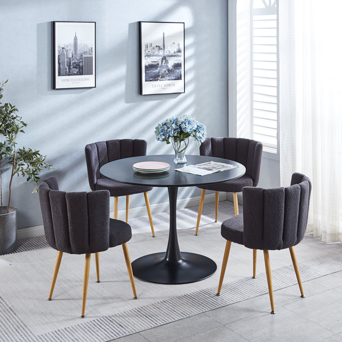 Modern Gray Dining Chair Set Of 2 With Iron Tube Wood Color Legs, Shorthair Cushions And Comfortable Backrest, Suitable For Dining Room, Living Room, Cafe, Simple Structure. Grey Fabric
