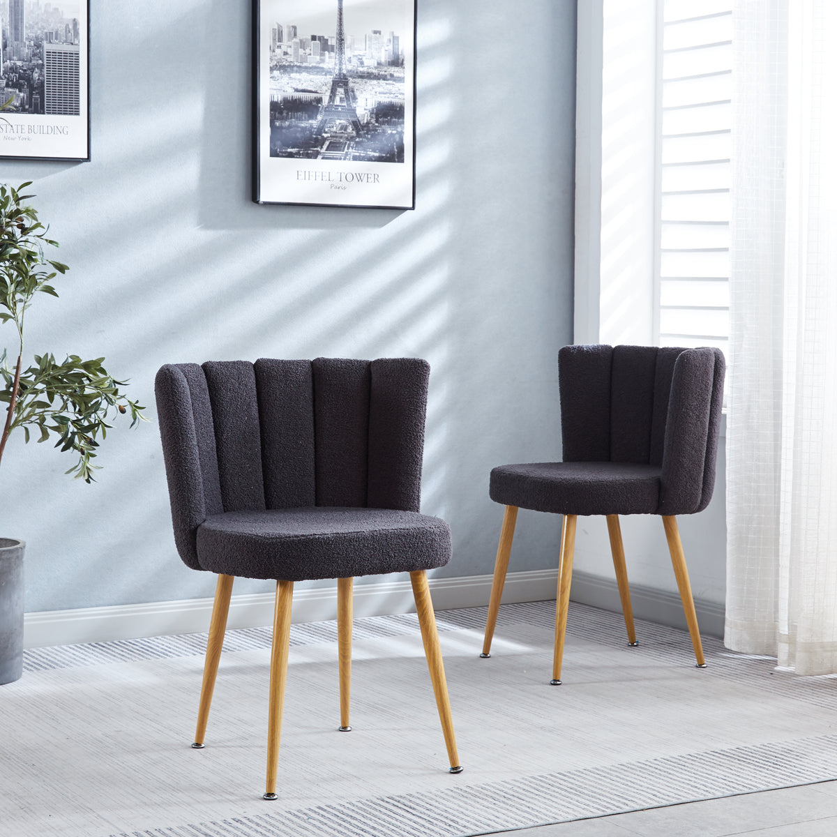 Modern Gray Dining Chair Set Of 2 With Iron Tube Wood Color Legs, Shorthair Cushions And Comfortable Backrest, Suitable For Dining Room, Living Room, Cafe, Simple Structure. Grey Fabric
