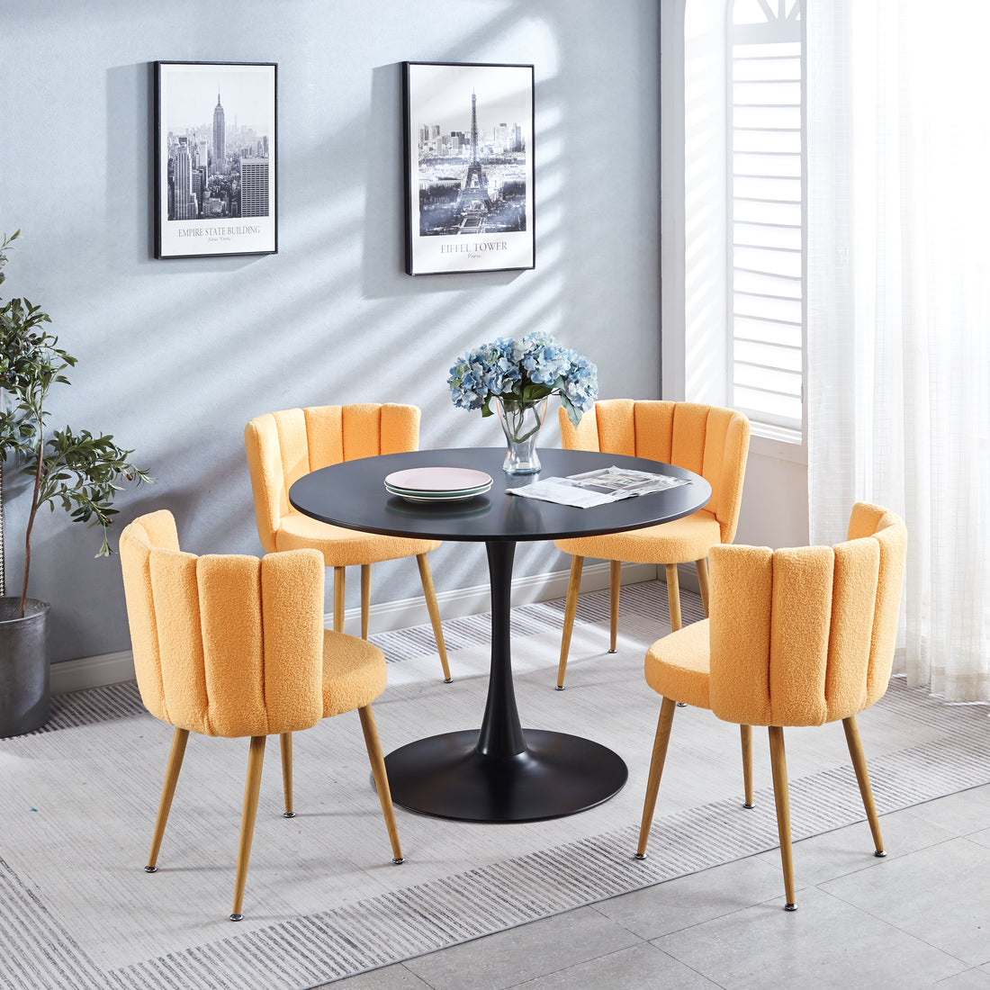 Modern Yellow Dining Chair Set Of 2 With Iron Tube Wood Color Legs, Shorthair Cushions And Comfortable Backrest, Suitable For Dining Room, Living Room, Cafe, Simple Structure. Yellow Fabric