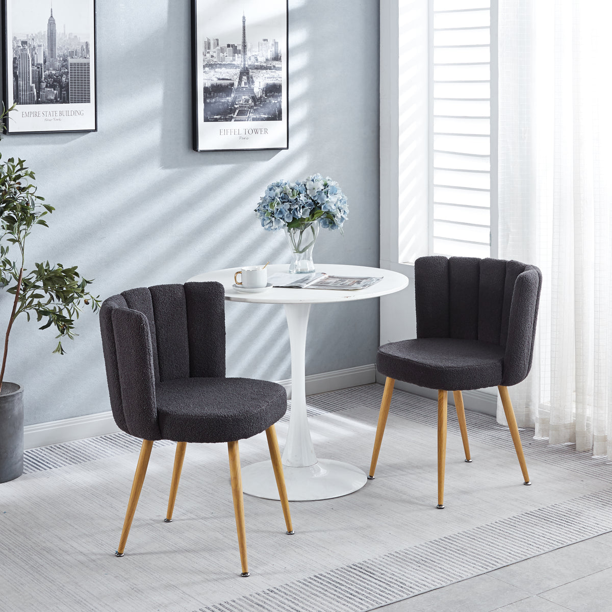 Modern Gray Dining Chair Set Of 2 With Iron Tube Wood Color Legs, Shorthair Cushions And Comfortable Backrest, Suitable For Dining Room, Living Room, Cafe, Simple Structure. Grey Fabric