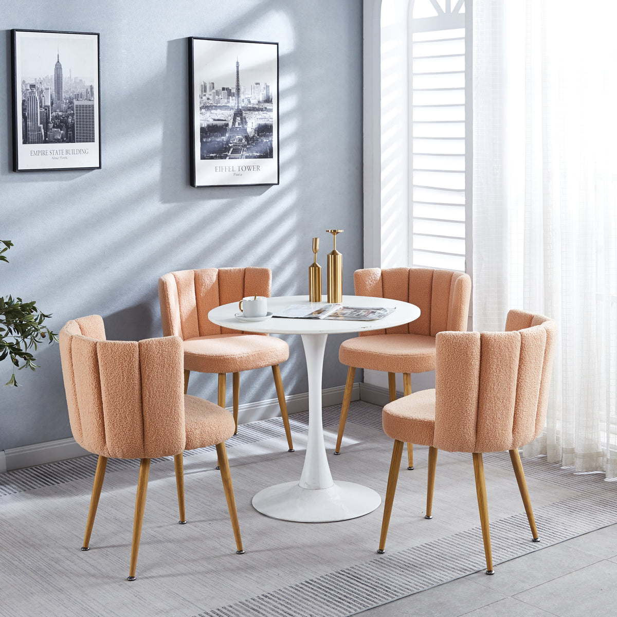 Modern Beige Dining Chair Set Of 2 With Iron Tube Wood Color Legs, Shorthair Cushions And Comfortable Backrest, Suitable For Dining Room, Living Room, Cafe, Simple Structure. Light Beige Fabric