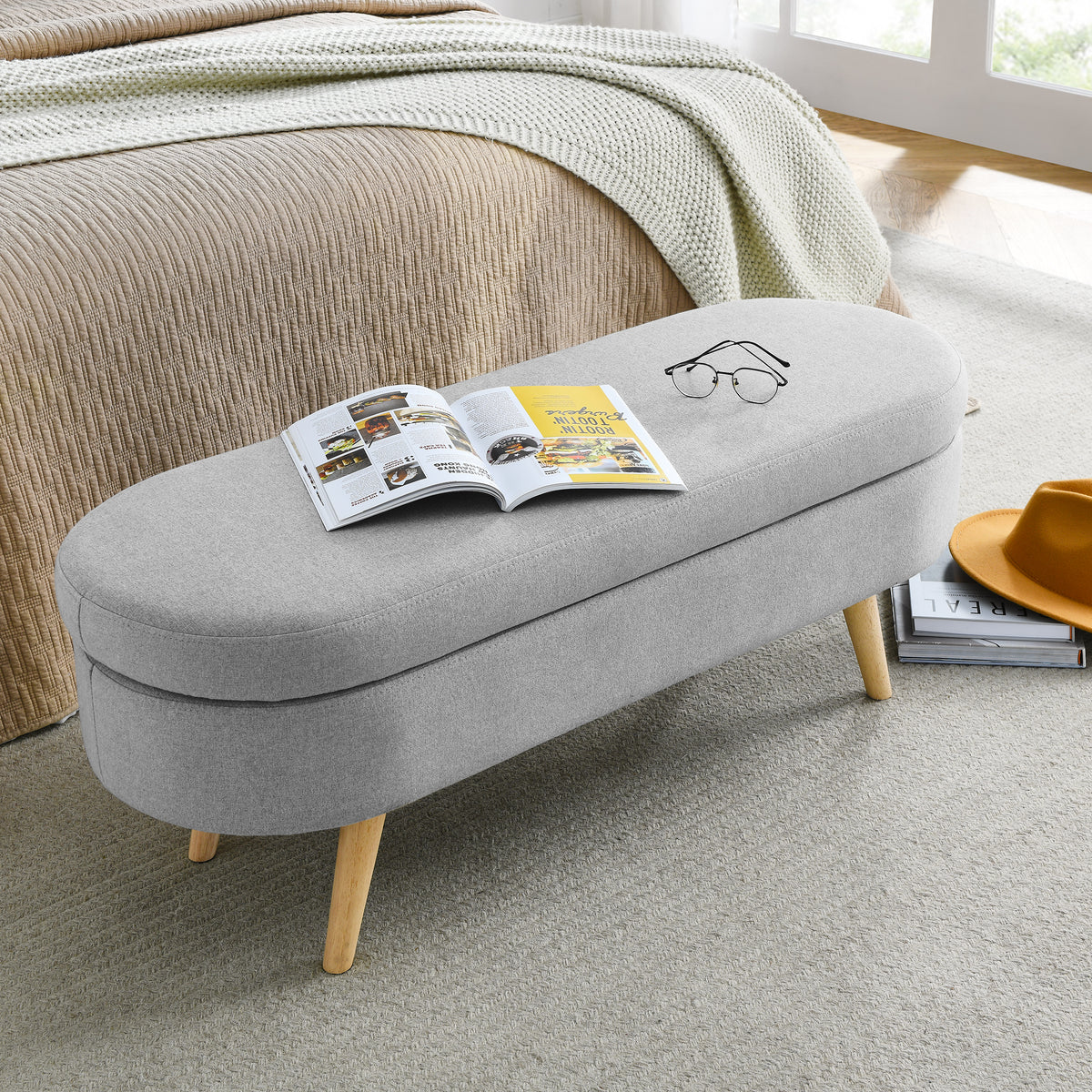 Ottoman Oval Storage Bench, Rubber Wood Legs, Grey 43.5"X16"X16" Grey Linen