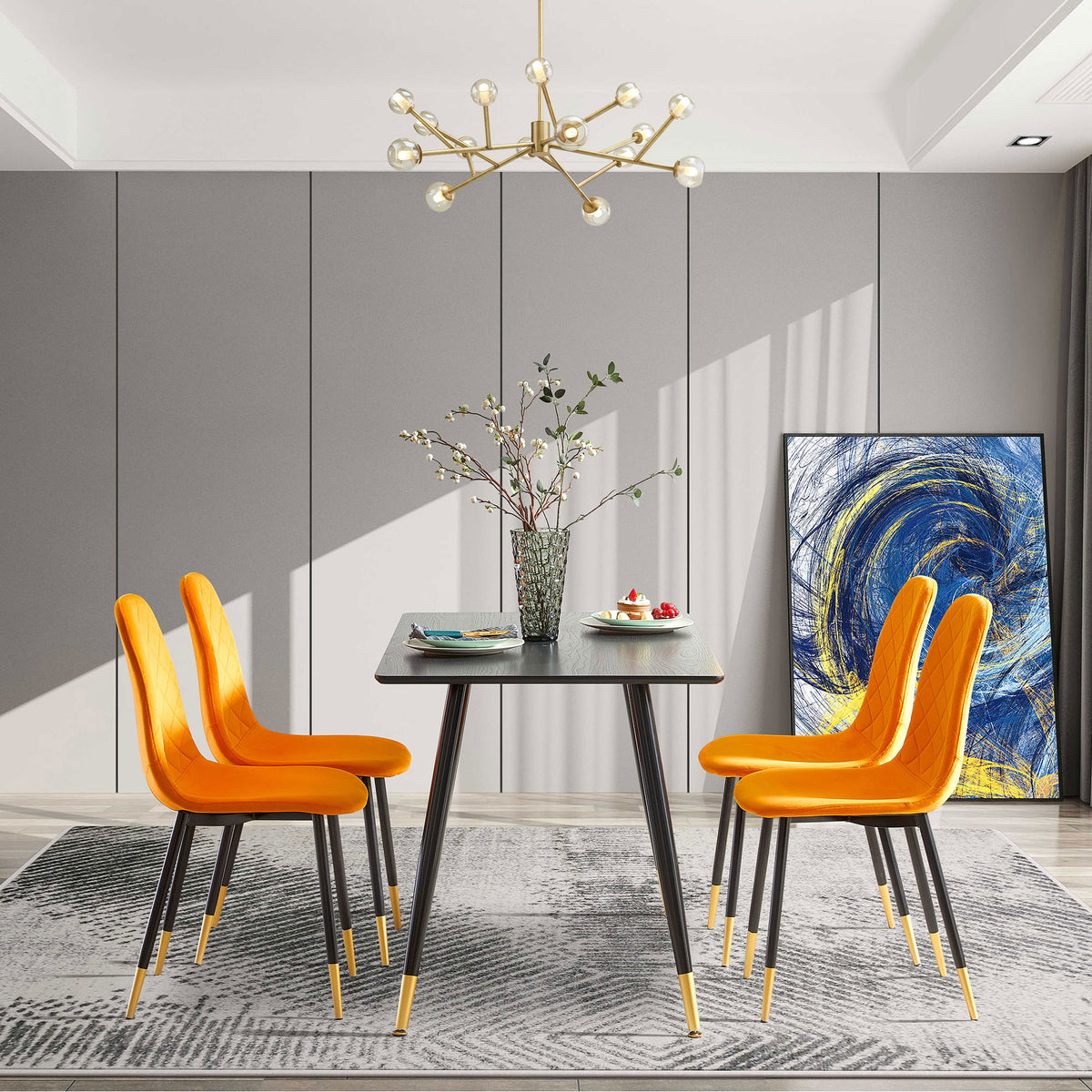 Orange Velvet Tufted Accent Chairs With Golden Color Metal Legs, Modern Dining Chairs For Living Room,Set Of 4 Metal Plaid Orange Dining Room Powder Coated Foam Dry Clean Modern Dining Chairs Solid