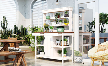 66" Large Outdoor Farmhouse Wooden Potting Bench Table, Garden Workstation With 2 Drawers, Cabinet And Open Shelves For Backyard, Mudroom, White White Garden & Outdoor Casual Wood Solid Wood