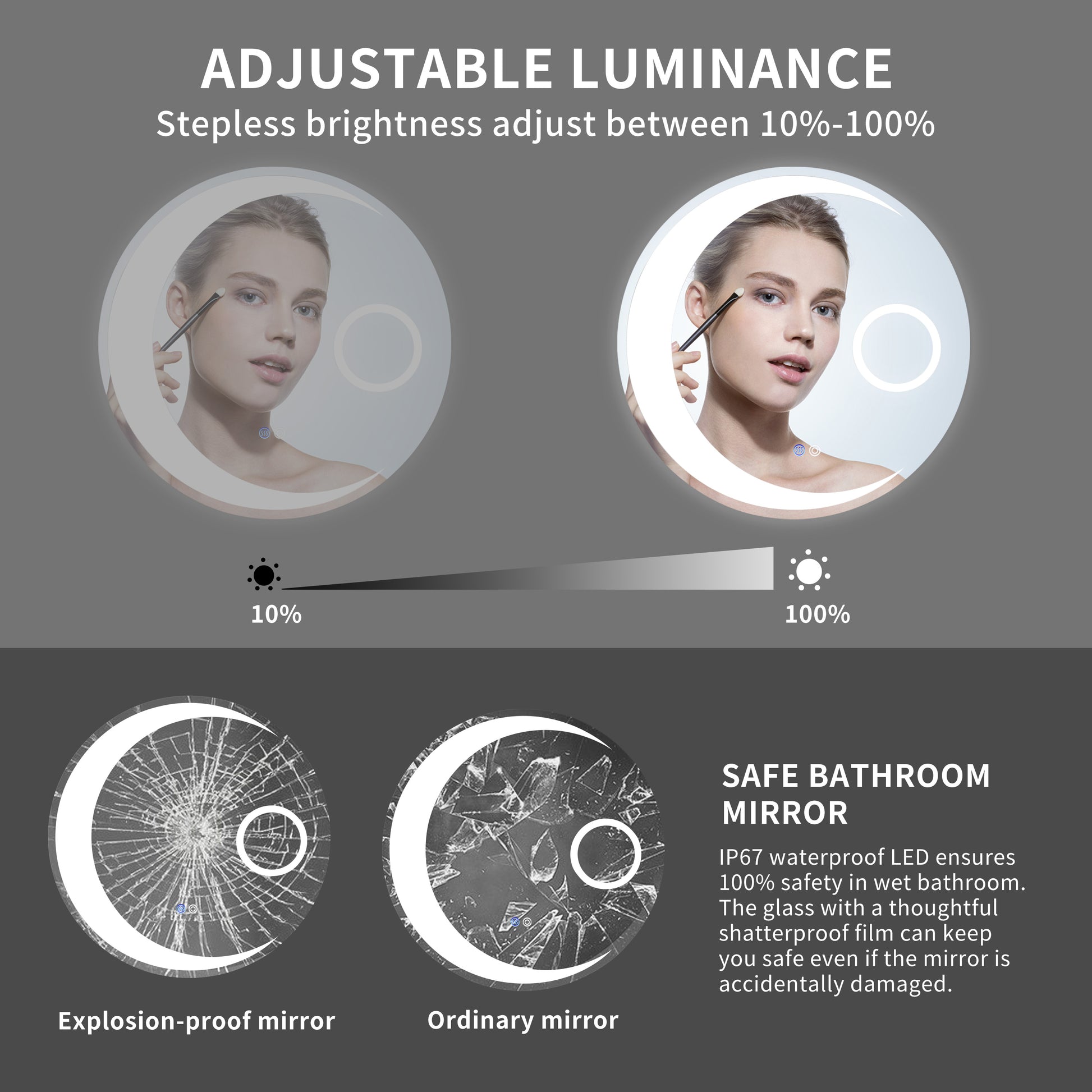 24 Inch Switch Held Memory Led Mirror, Wall Mounted Vanity Mirrors, Bathroom Anti Fog Mirror, Dimmable Bathroom Mirror Silver Glass