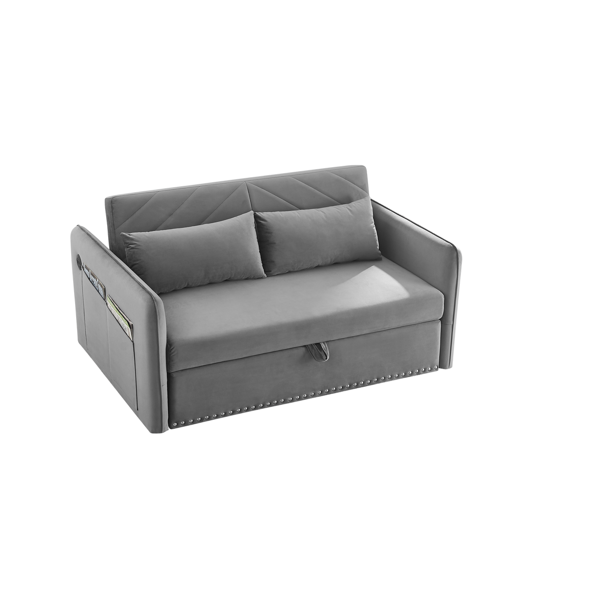 Mh" Sleeper Sofa Bed W Usb Port, 3 In 1 Adjustable Sleeper With Pull Out Bed, 2 Lumbar Pillows And Side Pocket, Soft Velvet Convertible Sleeper Sofa Bed, Suitable For Living Room Bedroom Grey Foam Velvet