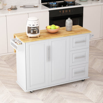 Kitchen Island Cart With 2 Door Cabinet And Three Drawers,43.31 Inch Width With Spice Rack,Towel Rack White White Mdf
