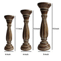 Handmade Wooden Candle Holder With Pillar Base Support, Distressed Brown, Set Of 3 Brown Solid Wood