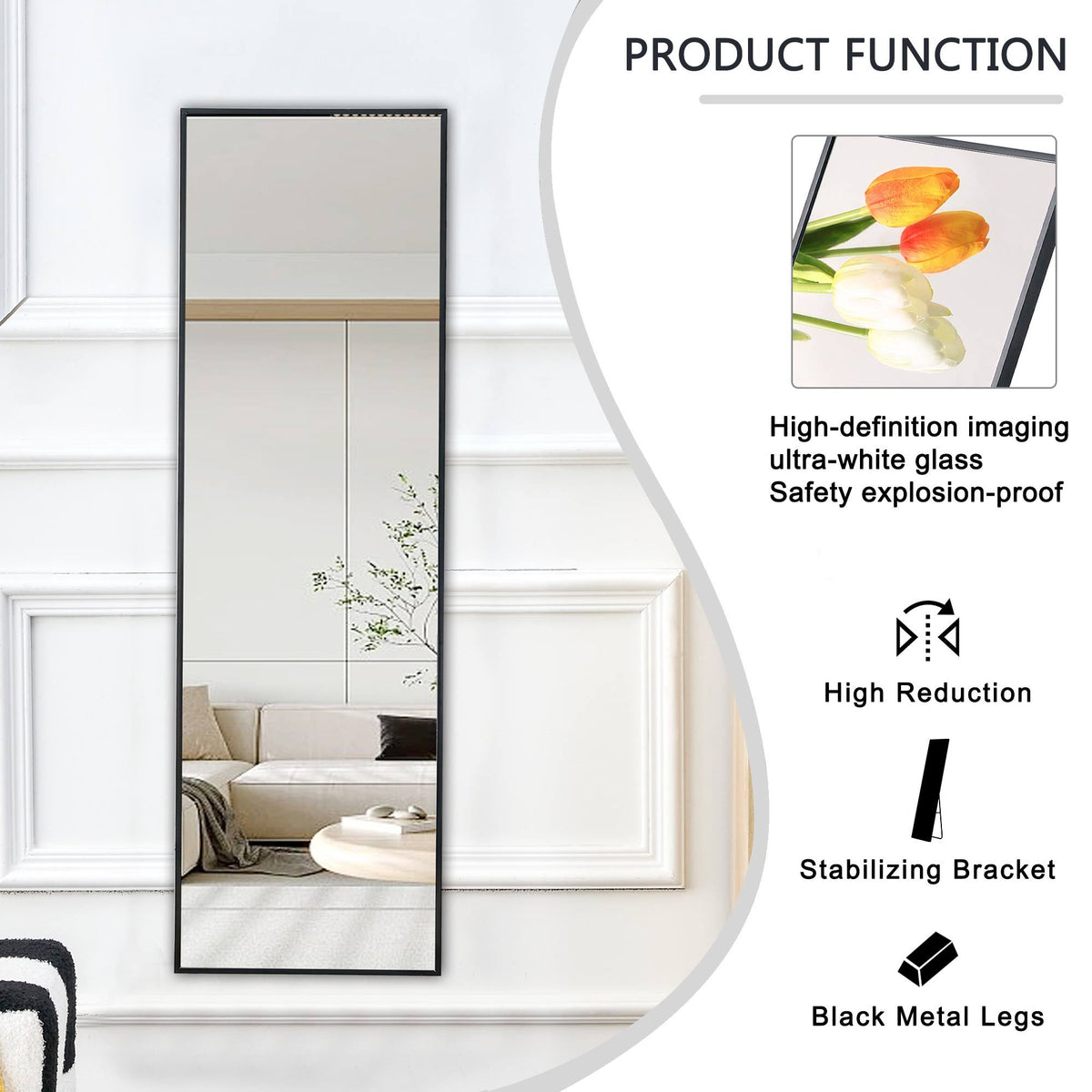 Full Length Mirror Aluminium Alloy Metal Frame Wall Mounted Full Body Mirror ,Bathroom Vanity Mirror, Bedroom Home Porch, Decorative Mirror, Clothing Store Black 48"*13.8"W115158169 Black Glass