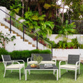 4 Pieces Patio Garden Sofa Conversation Set Wood Grain Design Pe Steel Frame Loveseat All Weather Outdoor Furniture Set With Cushions Coffee Table For Backyard Balcony Lawn White White Steel
