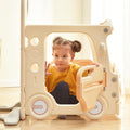 Kids Slide With Bus Play Structure, Freestanding Bus Toy With Slide For Toddlers, Bus Slide Set With Basketball Hoop Beige Hdpe