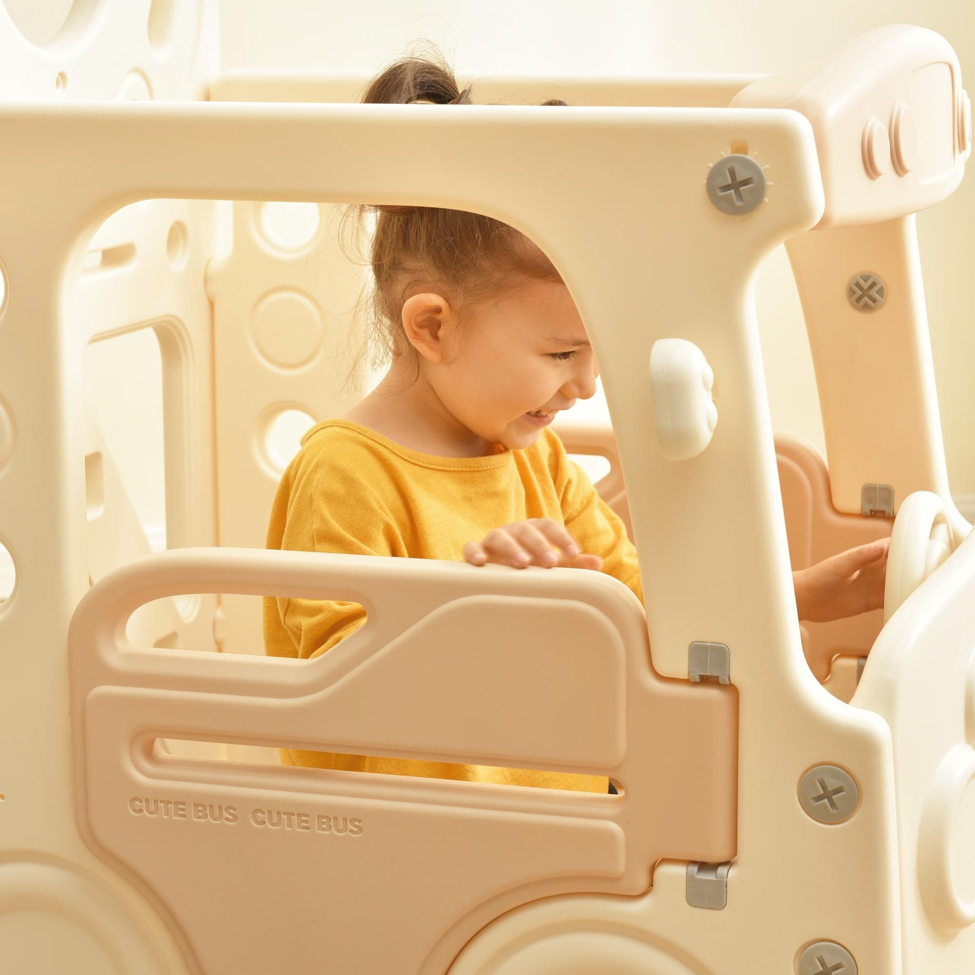 Kids Slide With Bus Play Structure, Freestanding Bus Toy With Slide For Toddlers, Bus Slide Set With Basketball Hoop Beige Hdpe