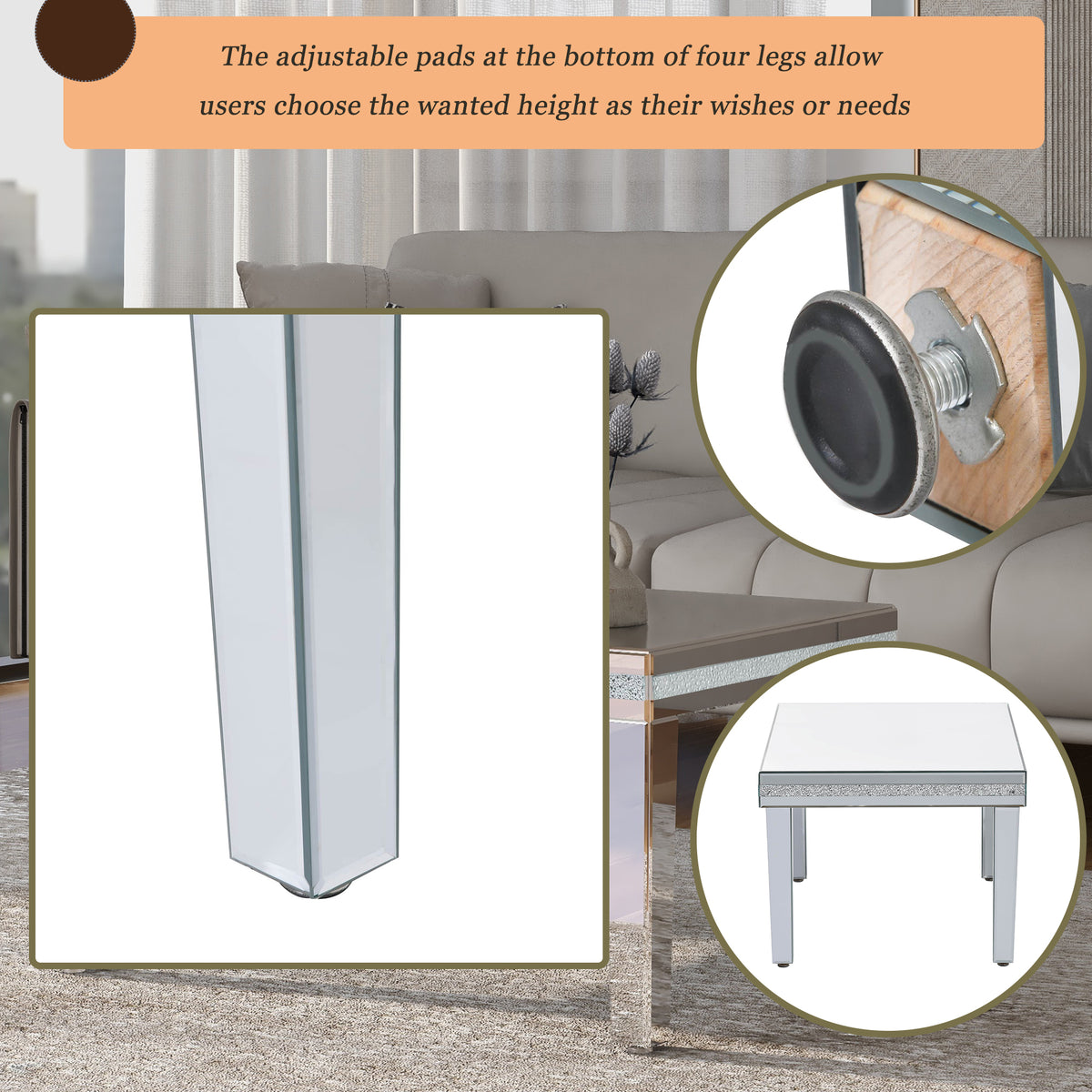 Fashionable Modern Glass Mirrored Coffee Table, Easy Assembly Cocktail Table With Crystal Design And Adjustable Height Legs, Silver Silver Glass