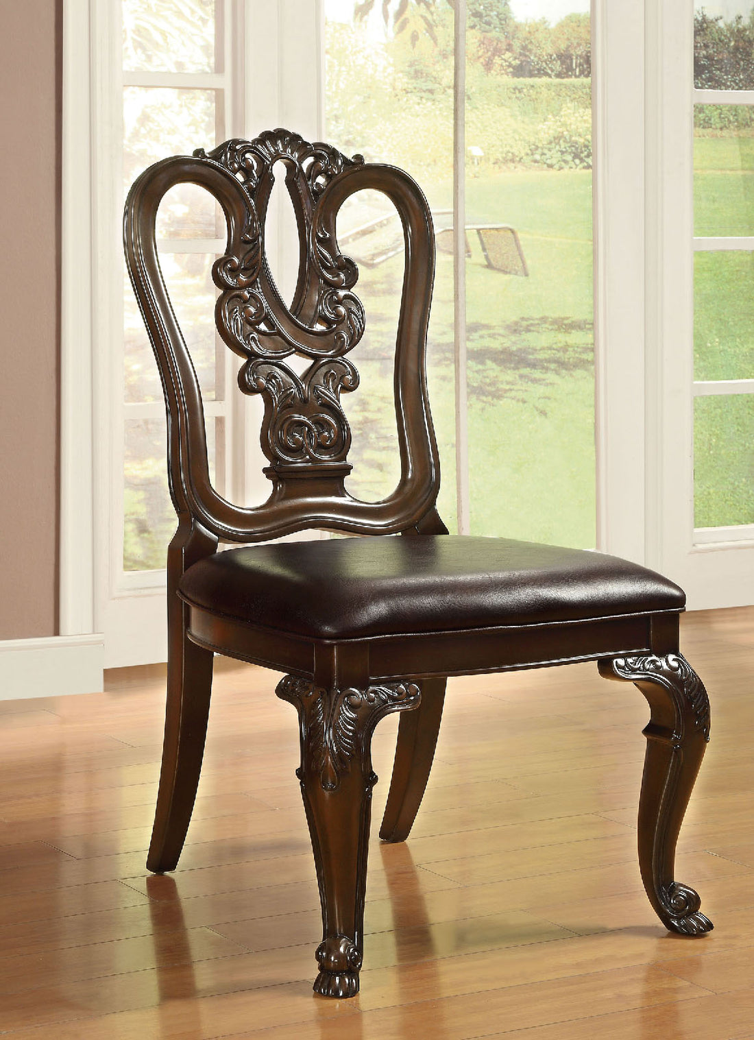 Traditional Intricate Back Design Set Of 2 Side Chairs Brown Cherry Solid Wood Chair Paddedseat Kitchen Dining Room Furniture Dark Brown Brown Dining Room Luxury,Traditional Dining Chairs Rubberwood Solid Wood
