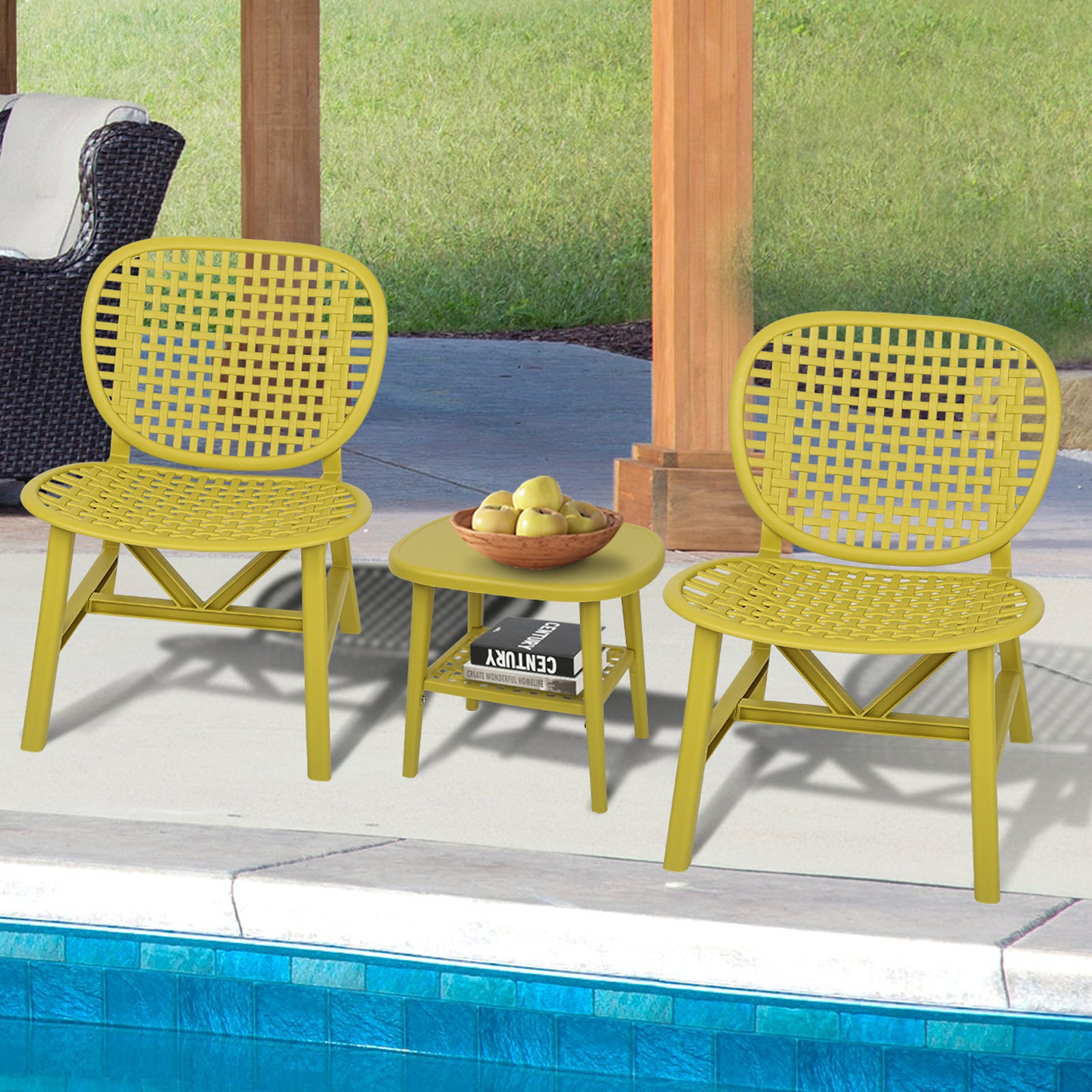 3 Pieces Hollow Design Patio Table Chair Set All Weather Conversation Bistro Set Outdoor Coffee Table With Open Shelf And Lounge Chairs With Widened Seat For Balcony Garden Yard Yellow Yellow Polypropylene