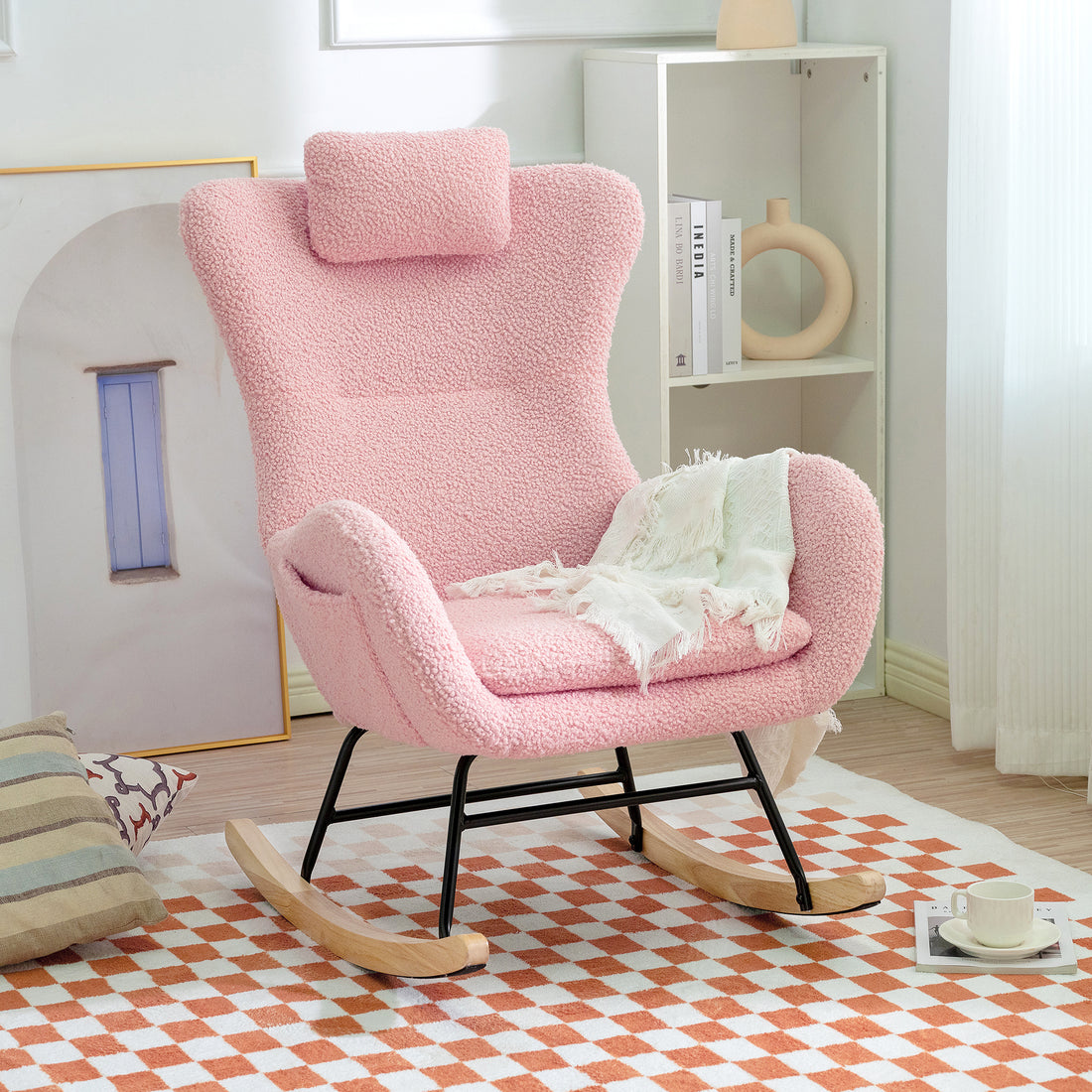 Rocking Chair Nursery, Teddy Upholstered Rocker Glider Chair With High Backrest, Adjustable Headrest & Pocket, Comfy Glider Chair For Nursery, Bedroom, Living Room, Offices, Rubber Wood, Pink Pink Polyester