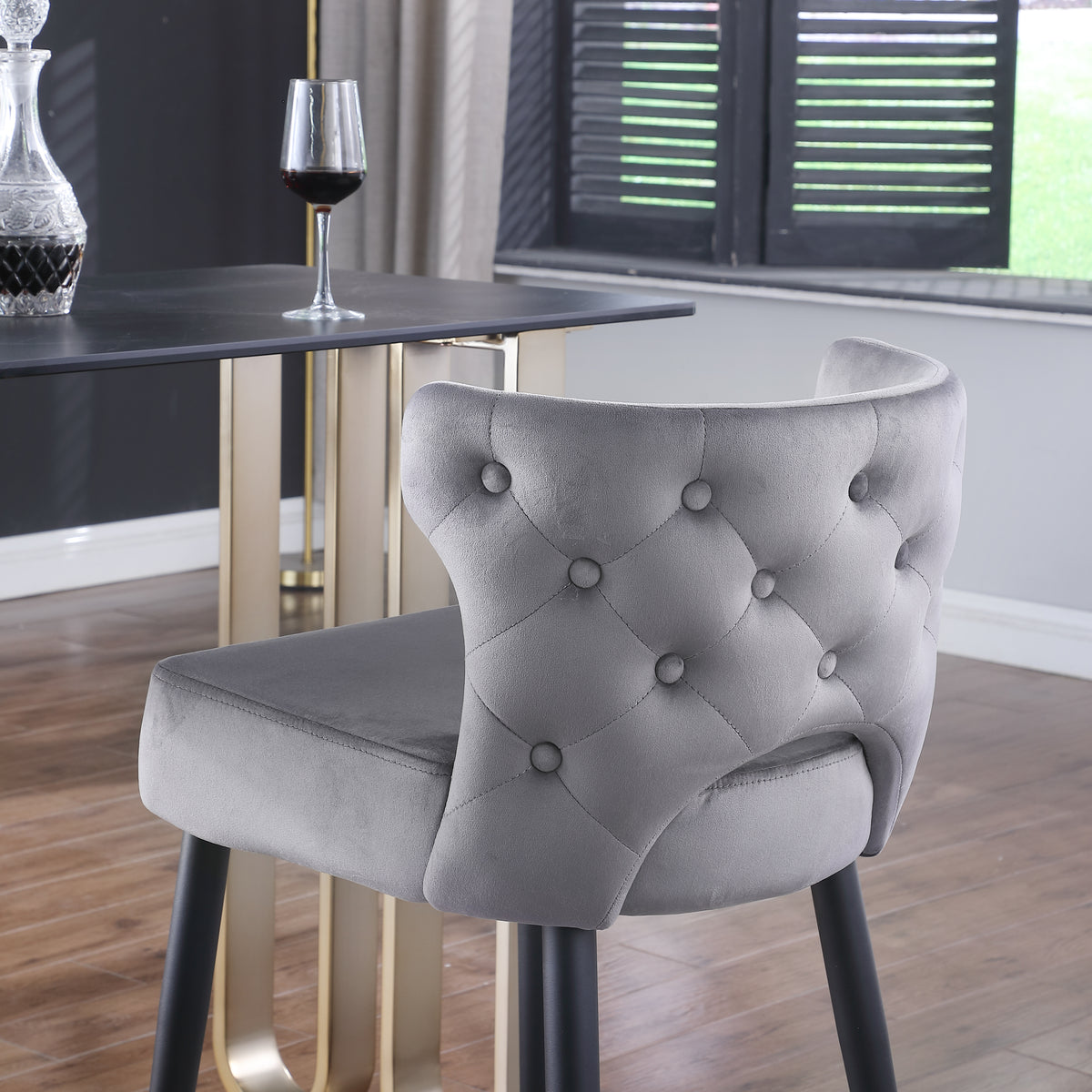 Contemporary Velvet Upholstered Counter Height Stool With Gold Tipped, Black Metal Legs, 22" W X 19" D X 38.5" H, Gray Gray Foam Metal
