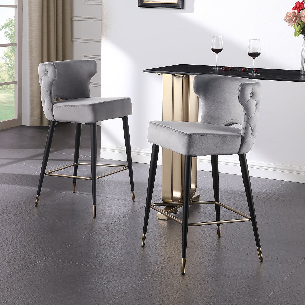Contemporary Velvet Upholstered Counter Height Stool With Gold Tipped, Black Metal Legs, 22" W X 19" D X 38.5" H, Gray Gray Foam Metal
