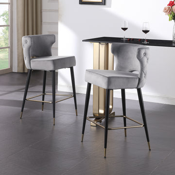 Contemporary Velvet Upholstered Counter Height Stool With Gold Tipped, Black Metal Legs, 22" W X 19" D X 38.5" H, Gray Gray Foam Metal