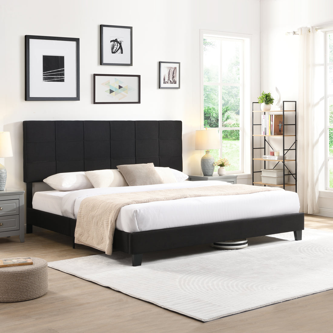 King Size Upholstered Platform Bed Frame With Linen Fabric Headboard, No Box Spring Needed, Wood Slat Support, Easy Assembly, Black Black Fabric